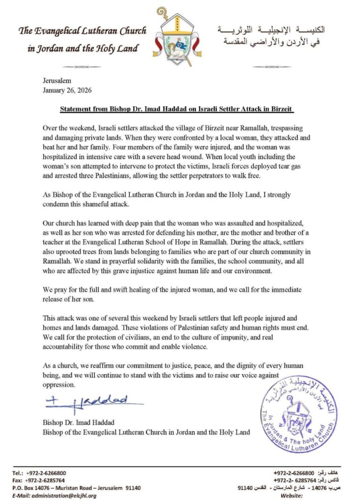 Church Leaders Condemn “Shameful” Settler Attack in Birzeit; Woman in ICU, Son Arrested
